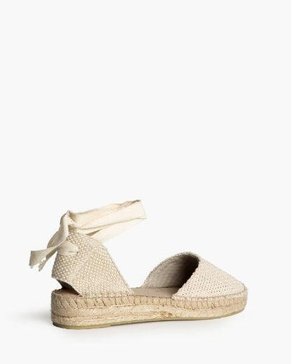 Beige Woven Espadrille Sandals with Ankle Wrap