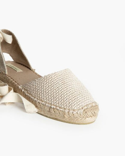Beige Woven Espadrille Sandals with Ankle Wrap