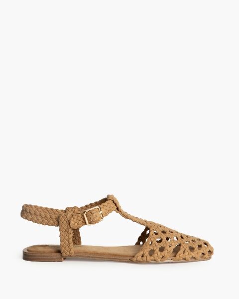 Tan Braided Flat Sandal with Ankle Strap