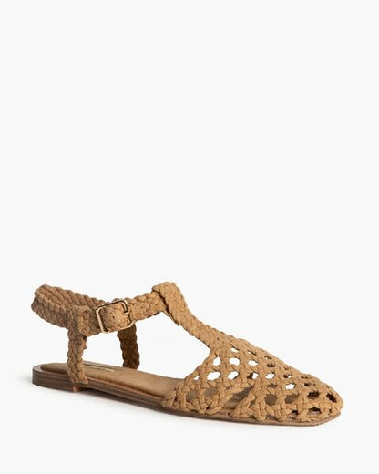 Tan Braided Flat Sandal with Ankle Strap