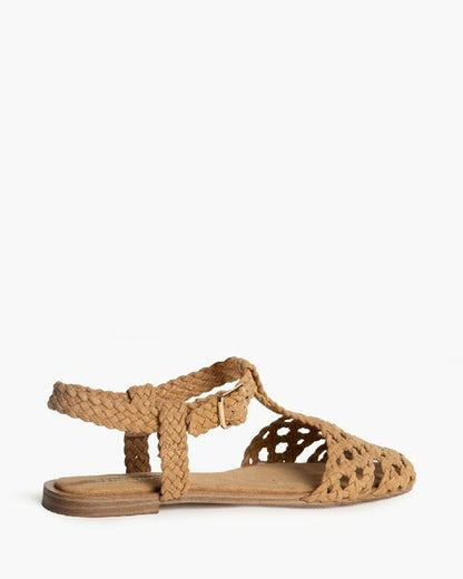 Tan Braided Flat Sandal with Ankle Strap