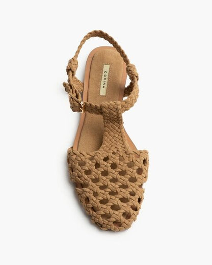 Tan Braided Flat Sandal with Ankle Strap