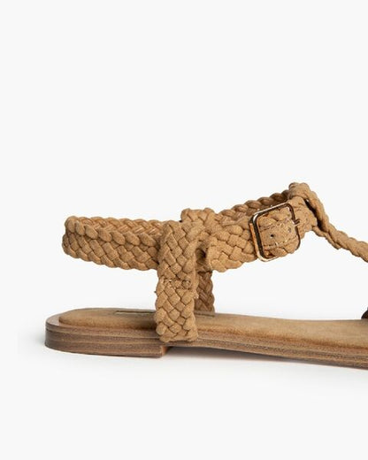 Tan Braided Flat Sandal with Ankle Strap