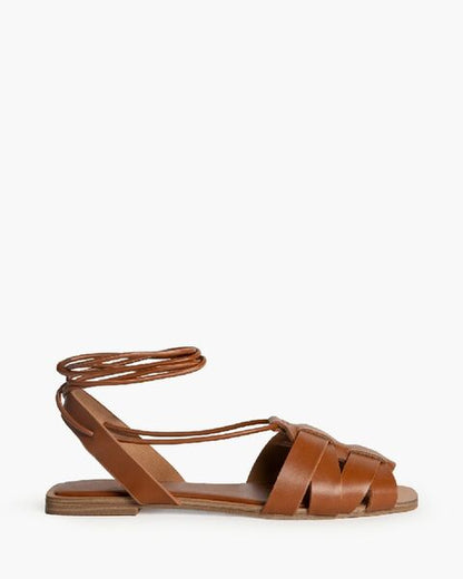 Brown Leather Sandals with Wrap Ankle Tie