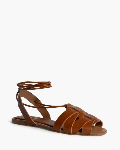 Brown Leather Sandals with Wrap Ankle Tie