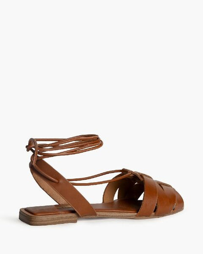Brown Leather Sandals with Wrap Ankle Tie