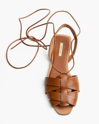 Brown Leather Sandals with Wrap Ankle Tie