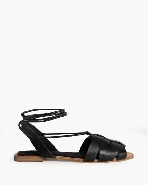 Black Strappy Leather Sandals with Ankle Tie