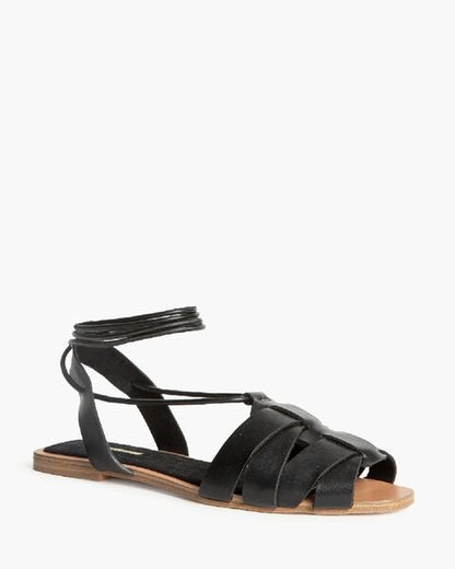 Black Strappy Leather Sandals with Ankle Tie