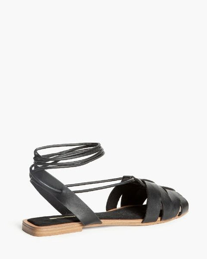 Black Strappy Leather Sandals with Ankle Tie