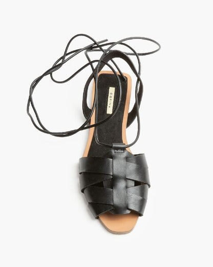 Black Strappy Leather Sandals with Ankle Tie
