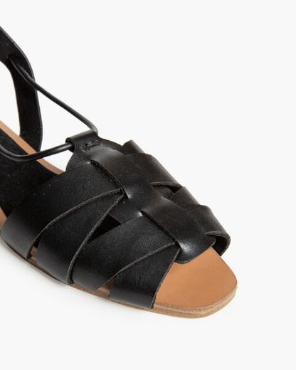 Black Strappy Leather Sandals with Ankle Tie