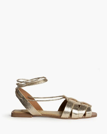 Gold Metallic Strappy Sandals with Wraparound Tie