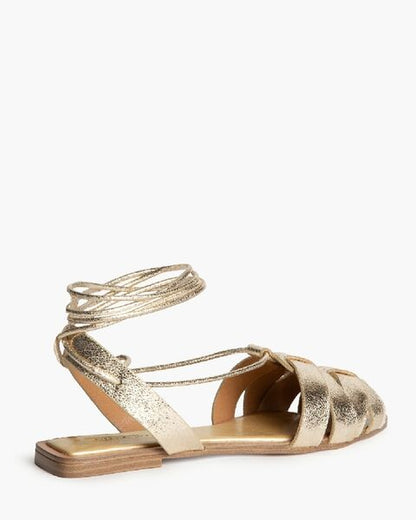 Gold Metallic Strappy Sandals with Wraparound Tie