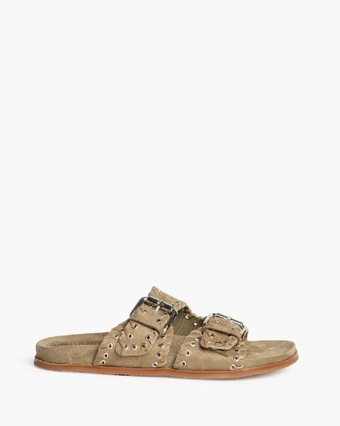 Beige Suede Slide Sandals with Buckle Detail