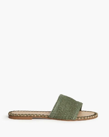 Green Woven Slide Sandals with Flat Sole