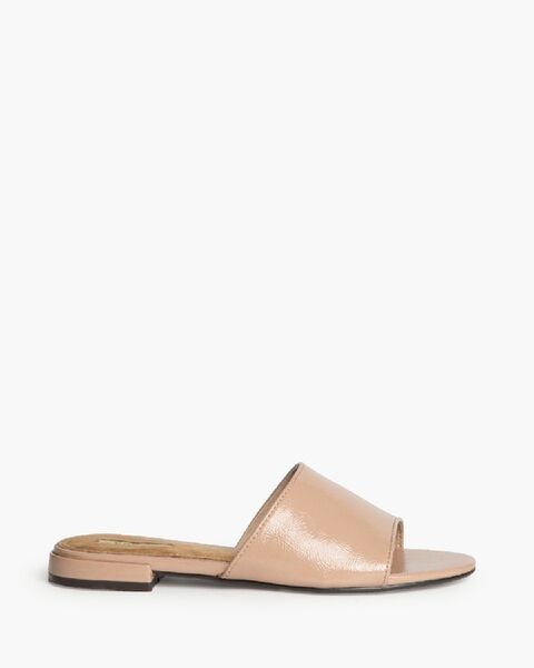 Beige Patent Slide Sandal with Flat Heel