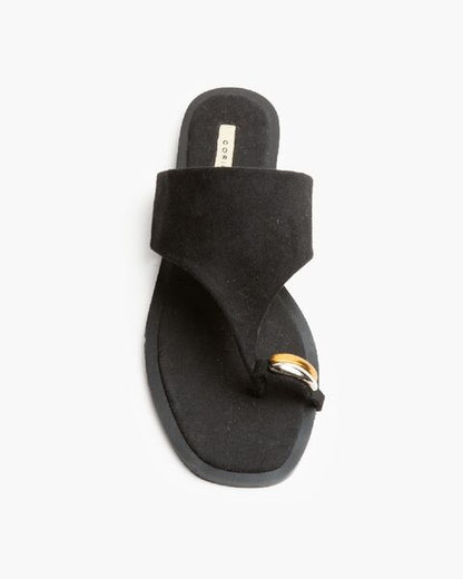 Black Textured Sandal with Thong Strap