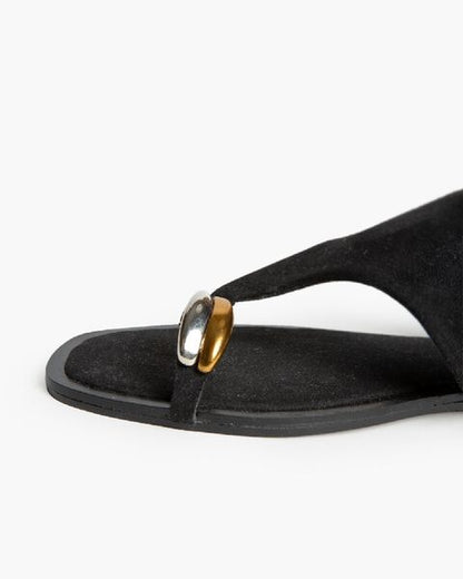 Black Textured Sandal with Thong Strap