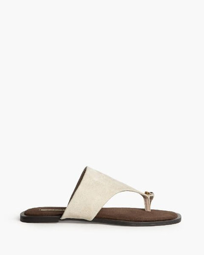 Beige Suede Slide Sandal with Thong Detail
