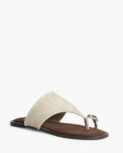 Beige Suede Slide Sandal with Thong Detail
