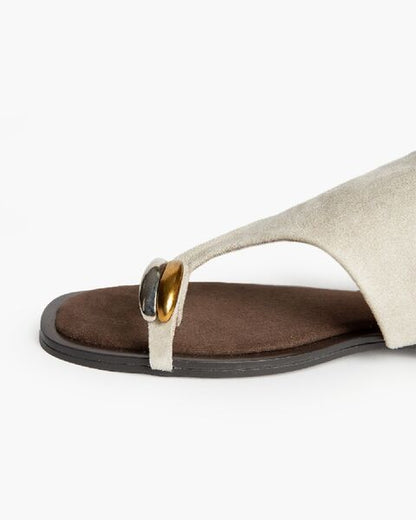 Beige Suede Slide Sandal with Thong Detail