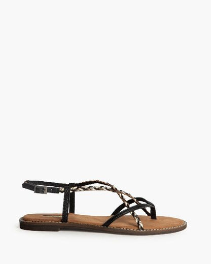 Black Braided Flat Sandals with Adjustable Strap