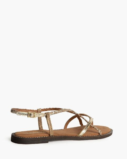 Gold Strappy Sandals with Buckle Closure