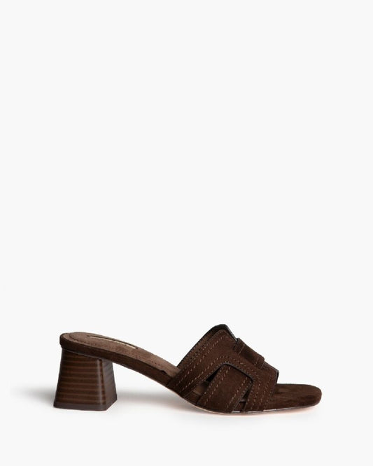 Heeled Mule Open-Toe Suede CAFE