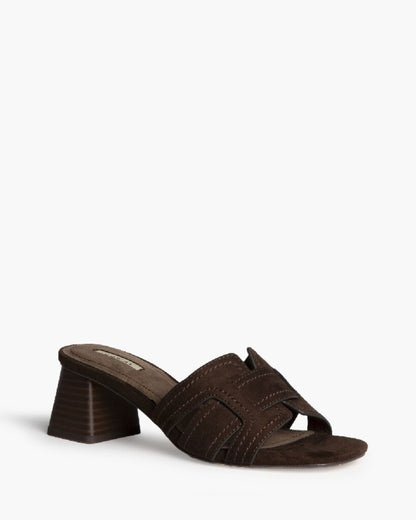 Heeled Mule Open-Toe Suede CAFE