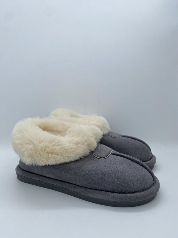 Gray Plush Lined Slippers with Cozy Faux Fur