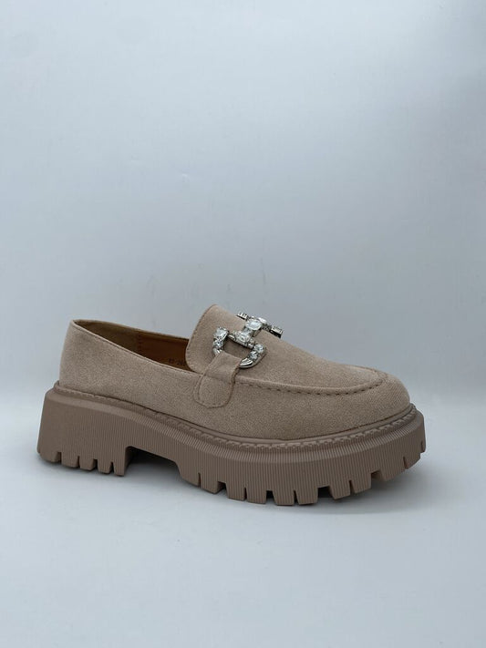 Beige Suede Platform Loafers with Buckle Accent