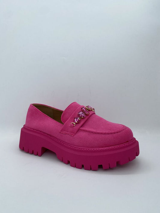 Vibrant Pink Chunky Suede Loafer with Jewel Accent