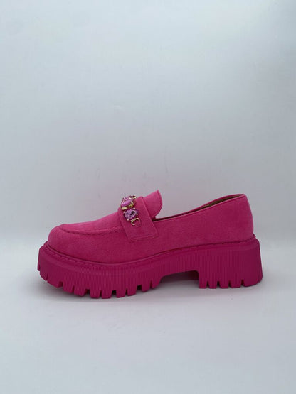 Vibrant Pink Chunky Suede Loafer with Jewel Accent