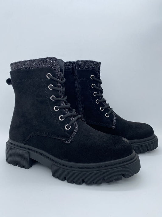 Black Suede Ankle Boots with Glitter Collar