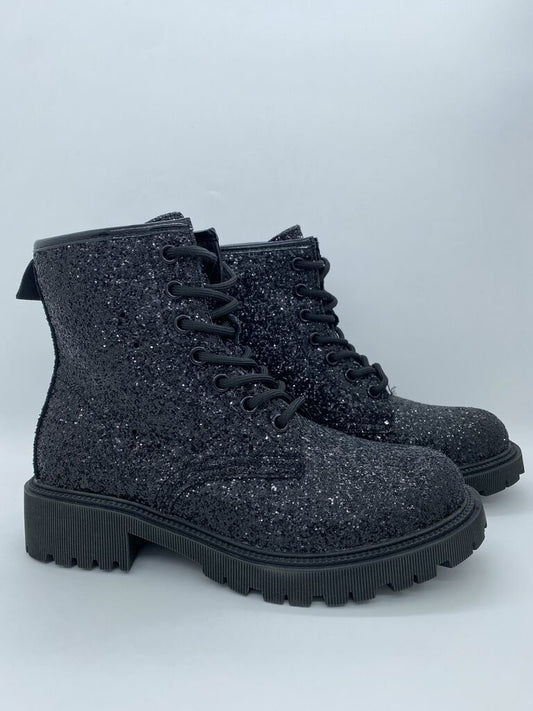 Black Glitter Combat Boots with Chunky Sole