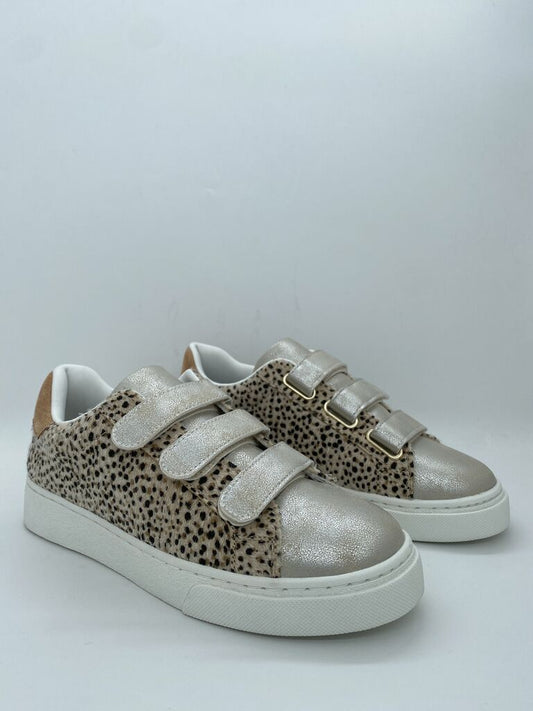 Beige Animal Print Velcro Sneakers with Metallic Accents