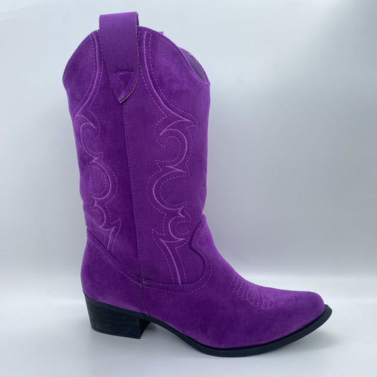 Purple Suede Western Boot with Decorative Stitching