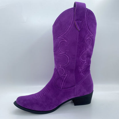 Purple Suede Western Boot with Decorative Stitching