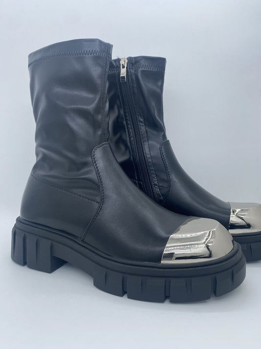 Black Chunky Boots with Metallic Toe