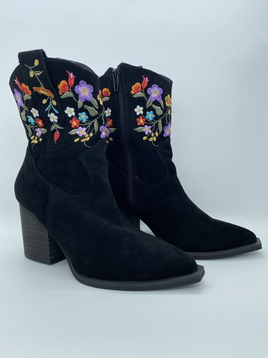 Black Suede Ankle Boots with Embroidered Floral Design