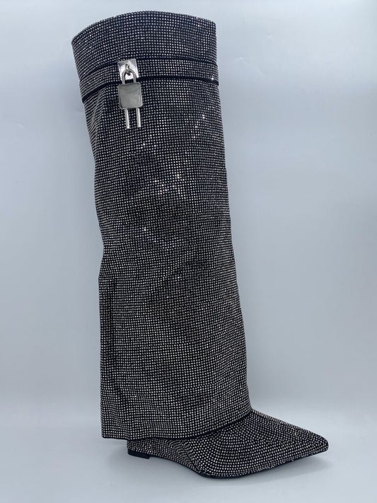 Black Beaded Over-the-Knee Boot with Padlock Detail