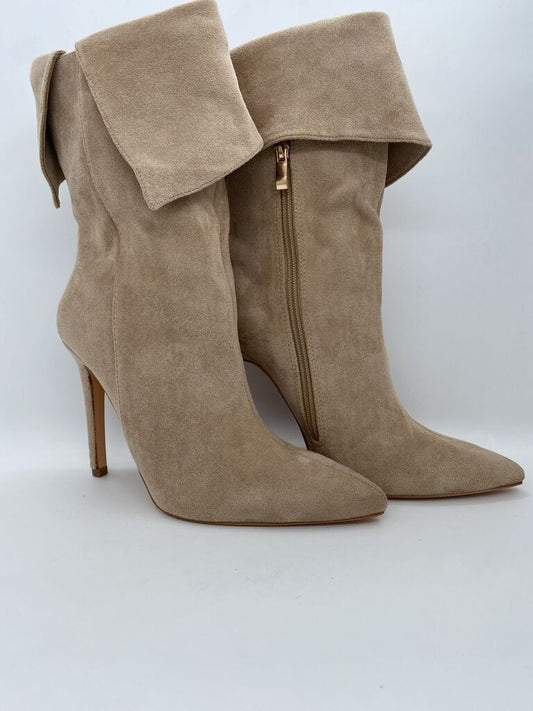 Beige Suede High Heel Boots with Folded Cuff