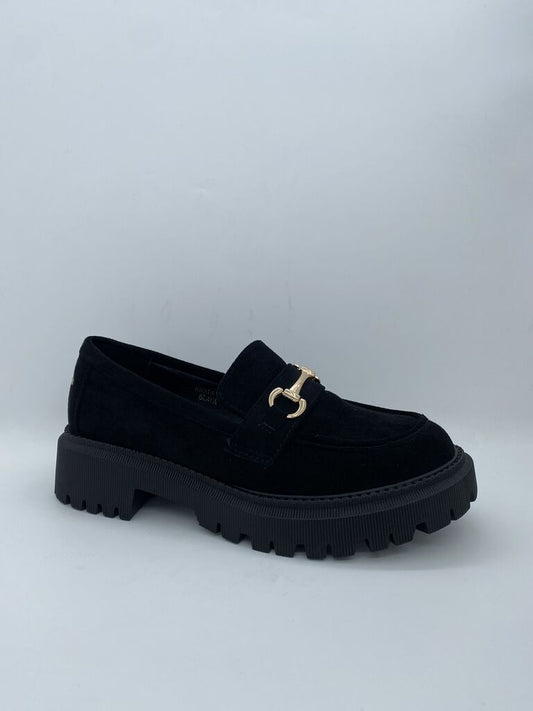 Black Suede Loafer with Gold Buckle