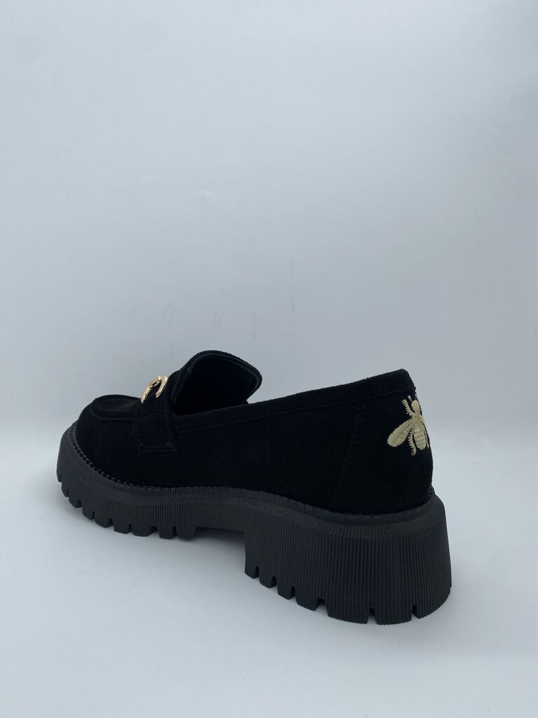 Black Suede Loafer with Gold Buckle