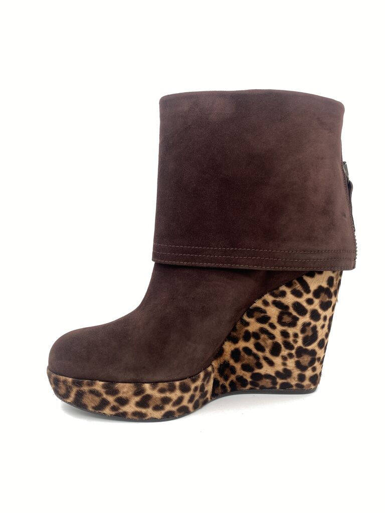 Brown Suede Ankle Boot with Leopard Wedge Detail