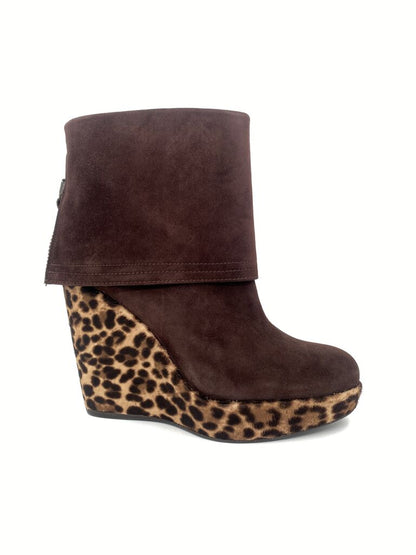 Brown Suede Ankle Boot with Leopard Wedge Detail
