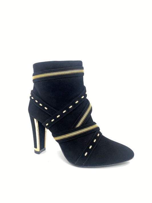 Black Suede Ankle Boots with Gold Accents