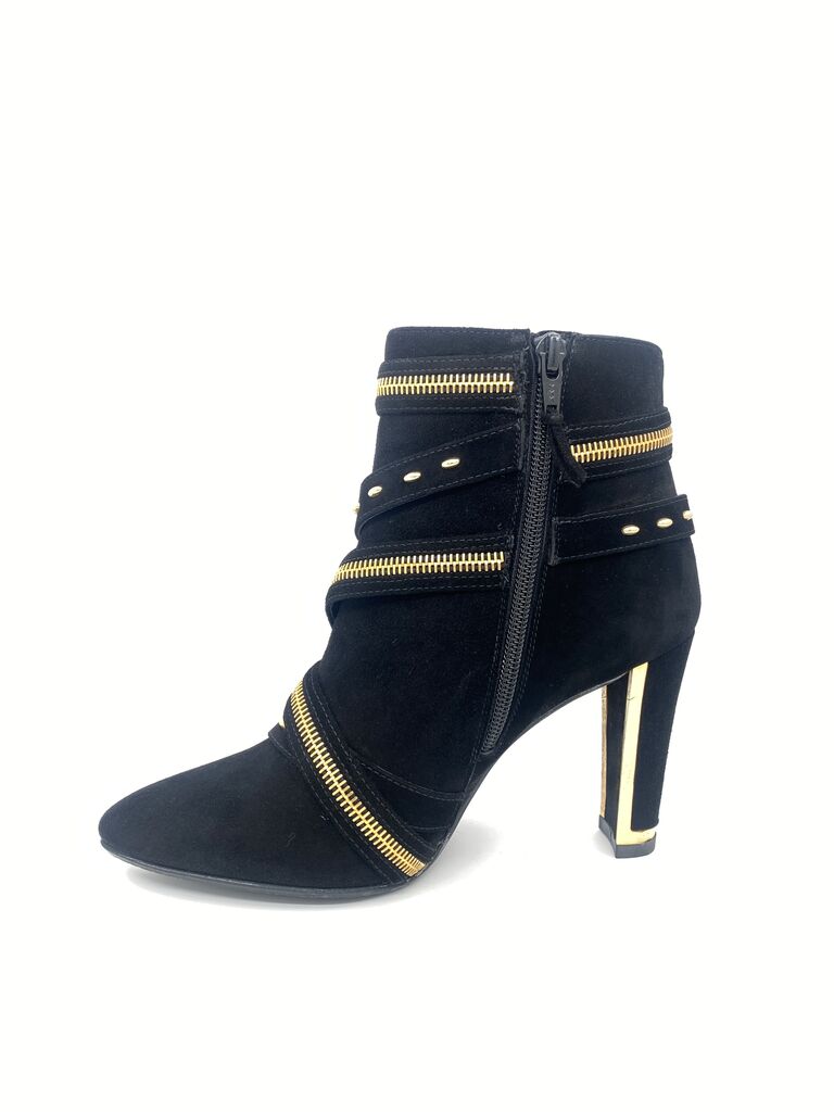 Black Suede Ankle Boots with Gold Accents