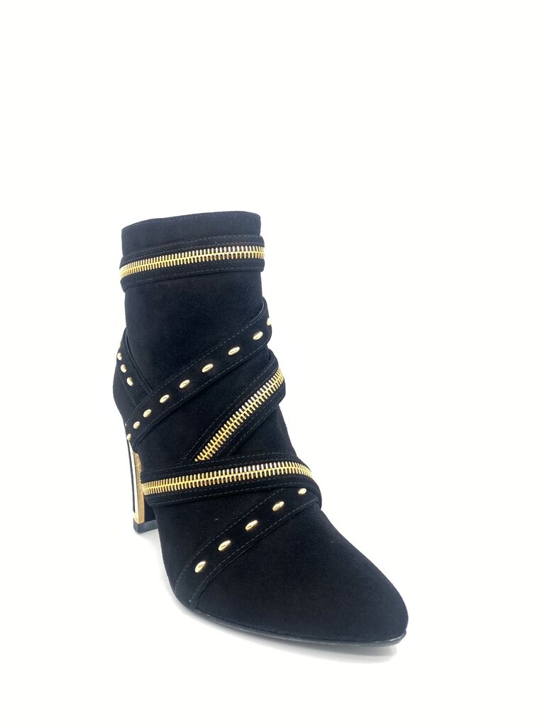 Black Suede Ankle Boots with Gold Accents